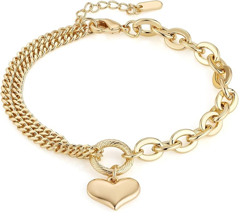 HZMAN Love Heart Bracelet for Women Dainty 14K Gold Plated Adjustable Gold Link Bracelet Party We... | Amazon (US)