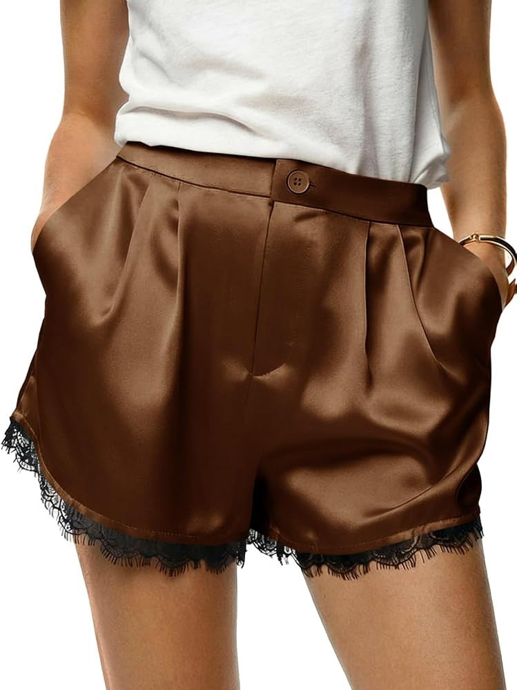 Tankaneo Womens Satin Silk Shorts Summer Casual High Waist Lace Button Lounge Shorts with Pockets | Amazon (US)
