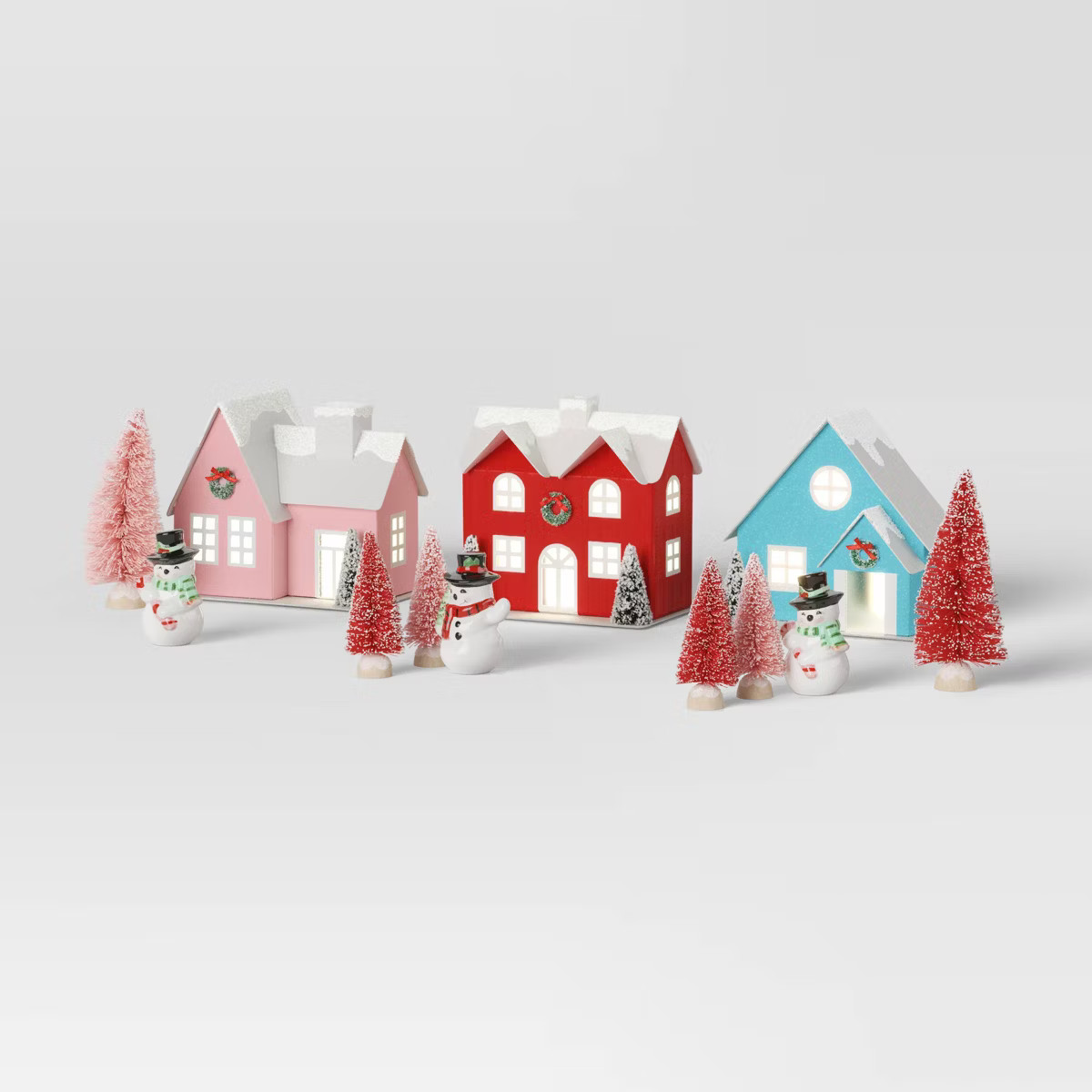 12pc Battery Operated Glittered Paper Christmas Village Set with Bottle Brush Trees and Snowmen -... | Target