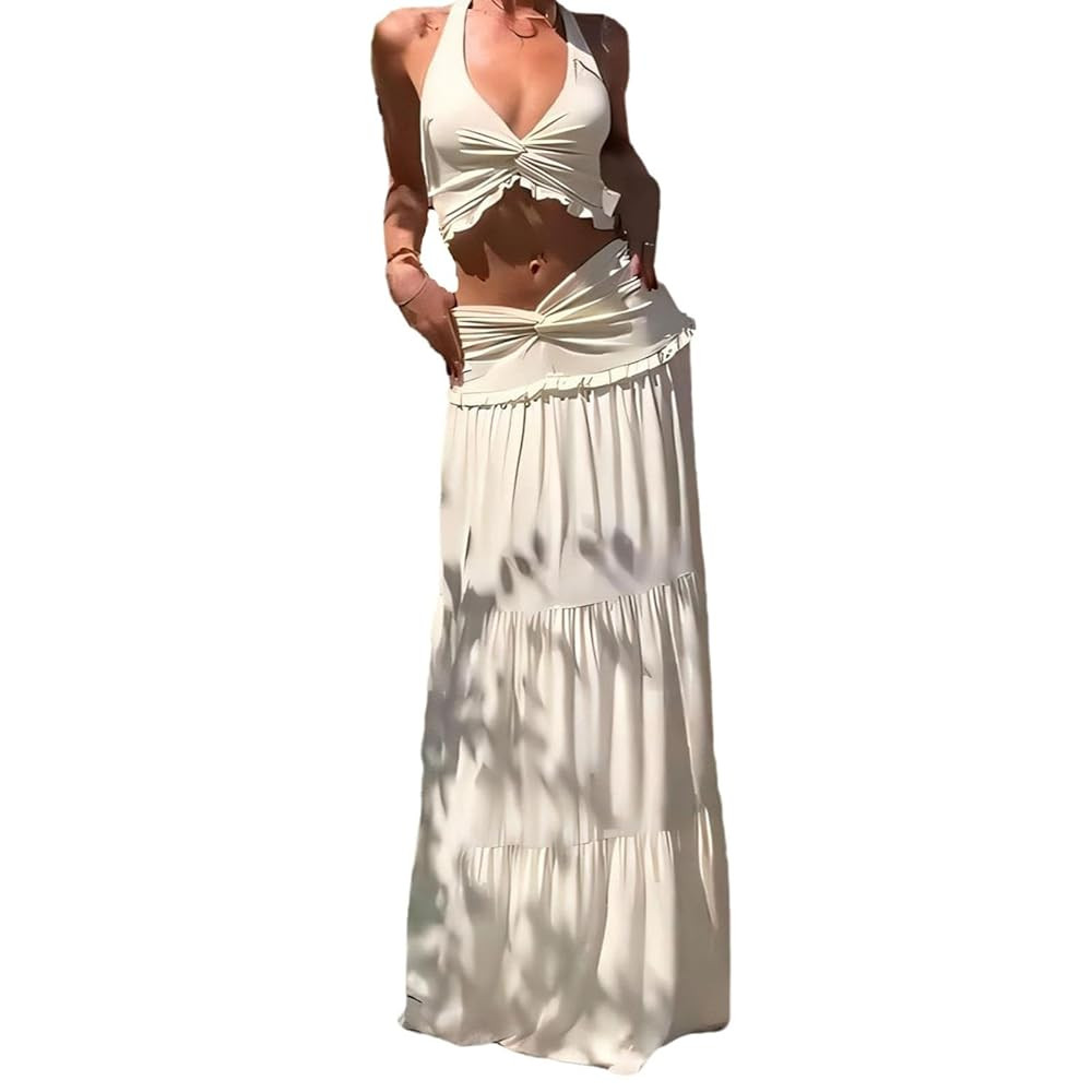 Maxi Skirt Set Women 2 Piece Outfits Sleeveless Strap Top Maxi Skirt Solid Going Out Vacation Two... | Amazon (US)