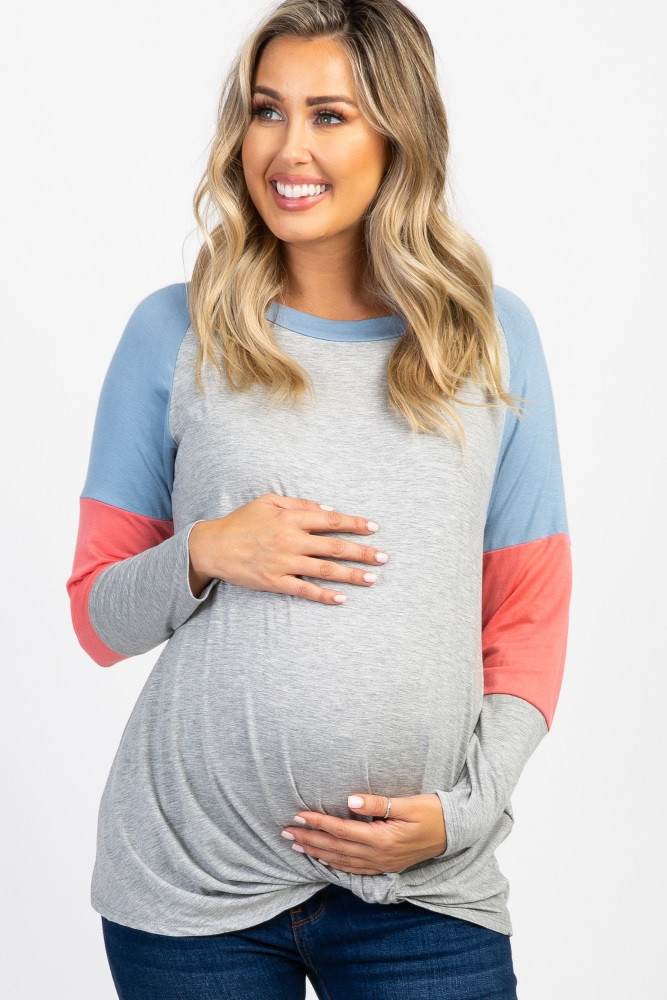 Heather Grey Colorblock Sleeve Front Knot Maternity Top | PinkBlush Maternity