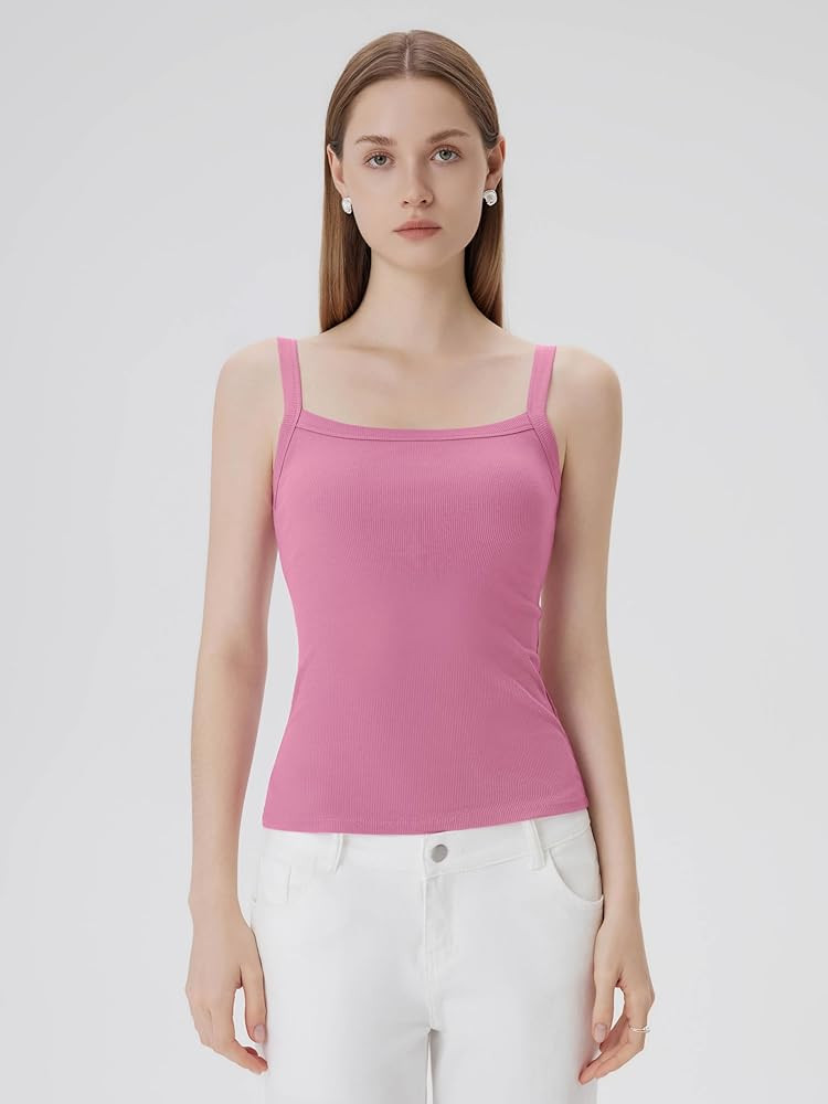 SUUKSESS Women Cotton Rib Padded Tank Tops Sleeveless Spaghetti Strap Square Neck Tops Summer Cam... | Amazon (US)