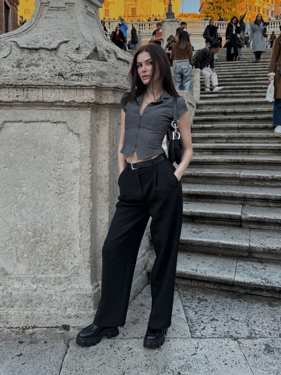 grey vest office siren christian door saddlebag black trousers 