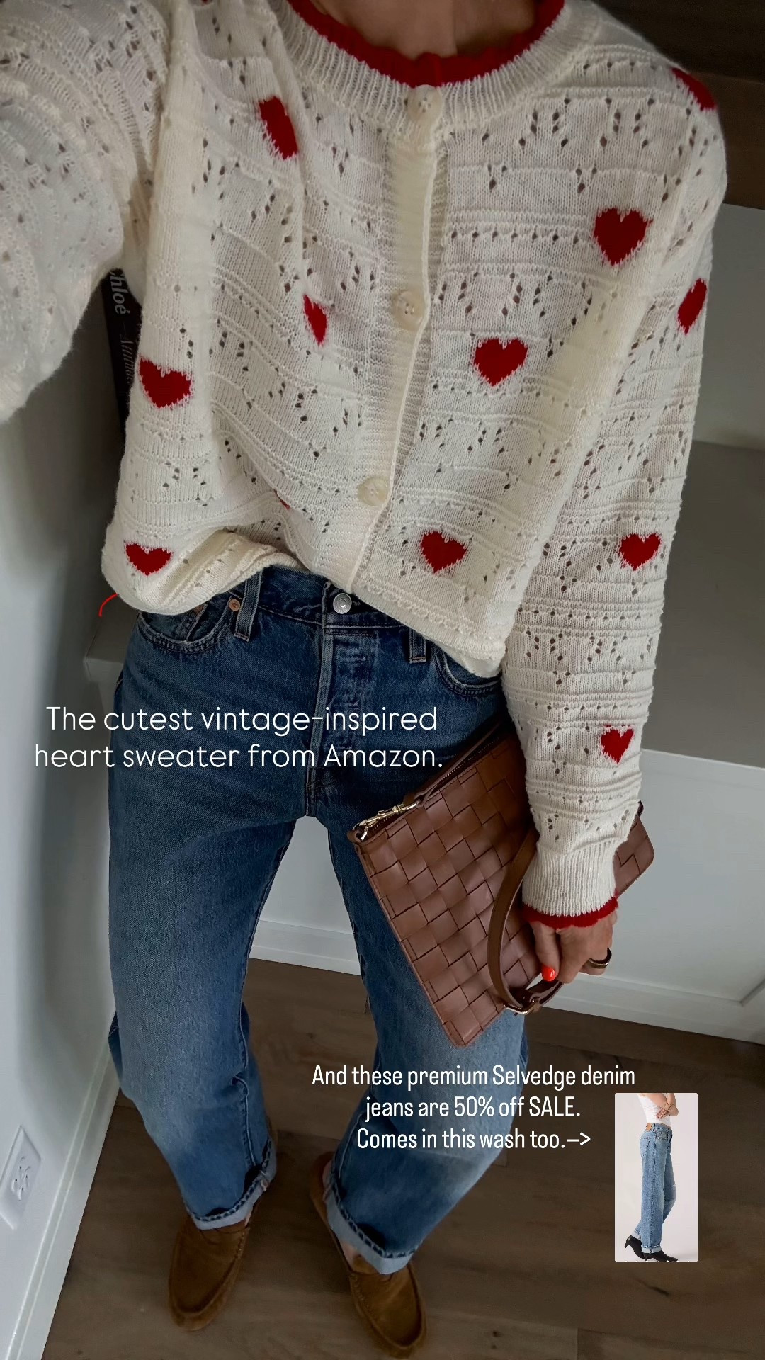 Such a pretty heart cardigan sweater! A fun piece for Valentine’s Day. 
And these Selvedge jeans 👌are 50% off sale and come in two washes. They fit tts, wearing size 27 

#LTKgrwm #LTKootd #LTKOver40