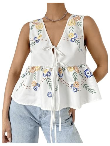 MakeMeChic Women's Summer Floral Boho Tops V Neck Tie Front Blouse Sleeveless Ruffle Hem Shirt Multicolor Small | Amazon (US)