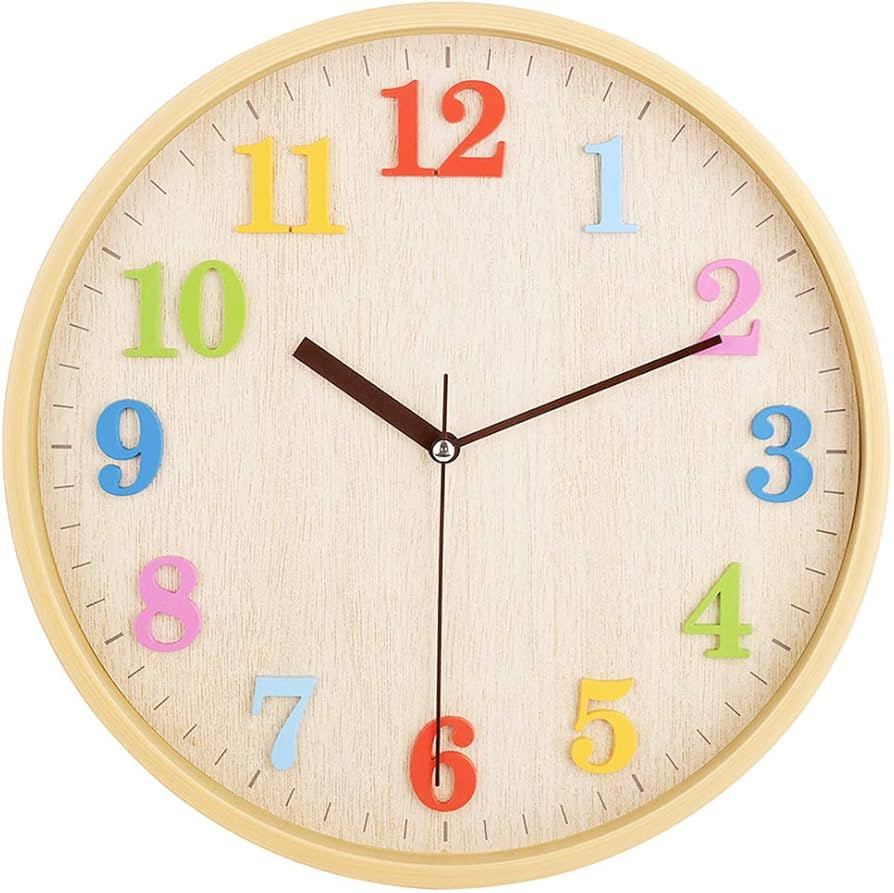 12" Wooden Look Wall Clock Silent Non-Ticking 3D Numbers Colorful Decorative Round Clock for Livi... | Amazon (US)