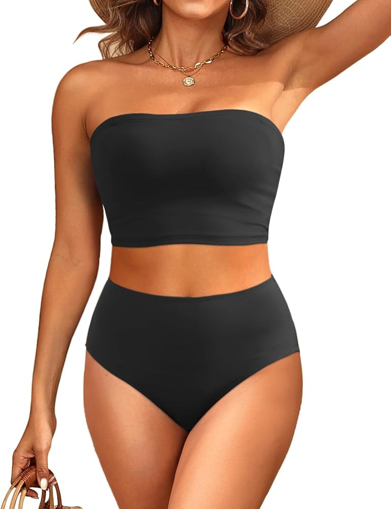 Tempt Me Women Bandeau Bikini Set Strapless High Waisted Two Piece Swimsuit Longline Bathing Suit... | Amazon (US)