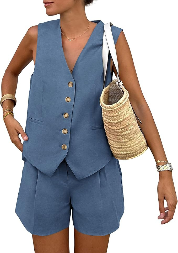 PRETTYGARDEN Women's Summer 2 Piece Outfits Sleeveless Matching Sets Button Down V Neck Vest Wais... | Amazon (US)