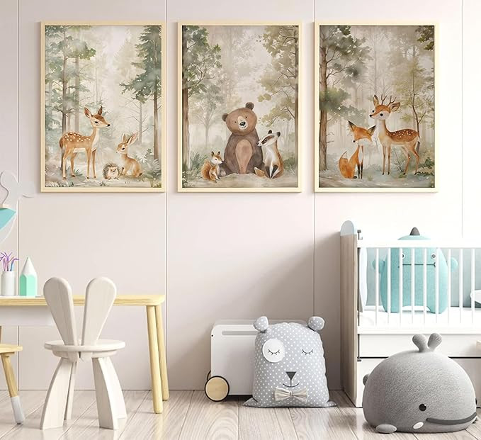 3Pcs Woodland Animal Nursery Canvas wall art Wild Animals Forest Paintings Pictures Wall Decor Fo... | Amazon (US)