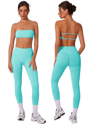 ABOCIW Workout Sets for Women 2 Piece Seamless Bandeau Sports Bra Butt Lifting High Waist Leggings Gym Sets Yoga Athletic Set Work Out Clothes Mint Green Small | Amazon (US)