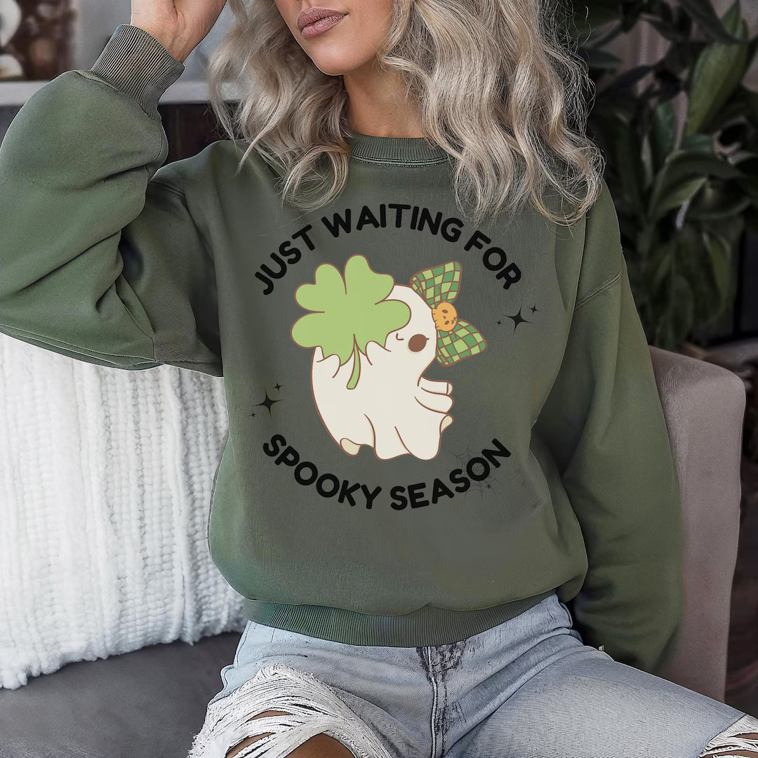 Just Waiting for Spooky Season, St Patrick's Day Ghost Sweatshirt, Unisex Crewneck Jumper, Holida... | Etsy (US)