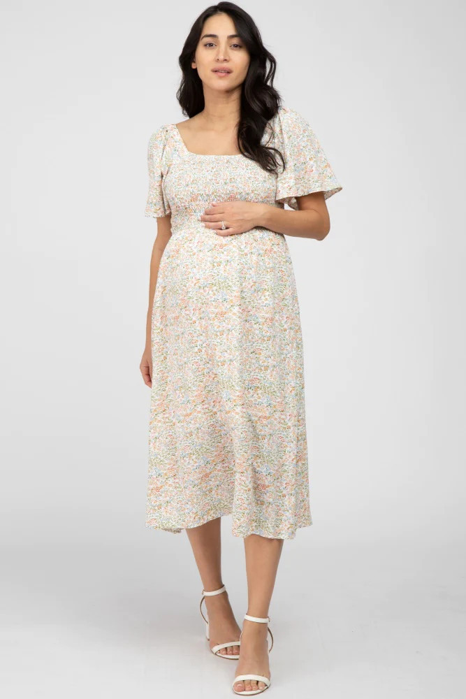 Cream Floral Smocked Square Neck Maternity Midi Dress | PinkBlush Maternity