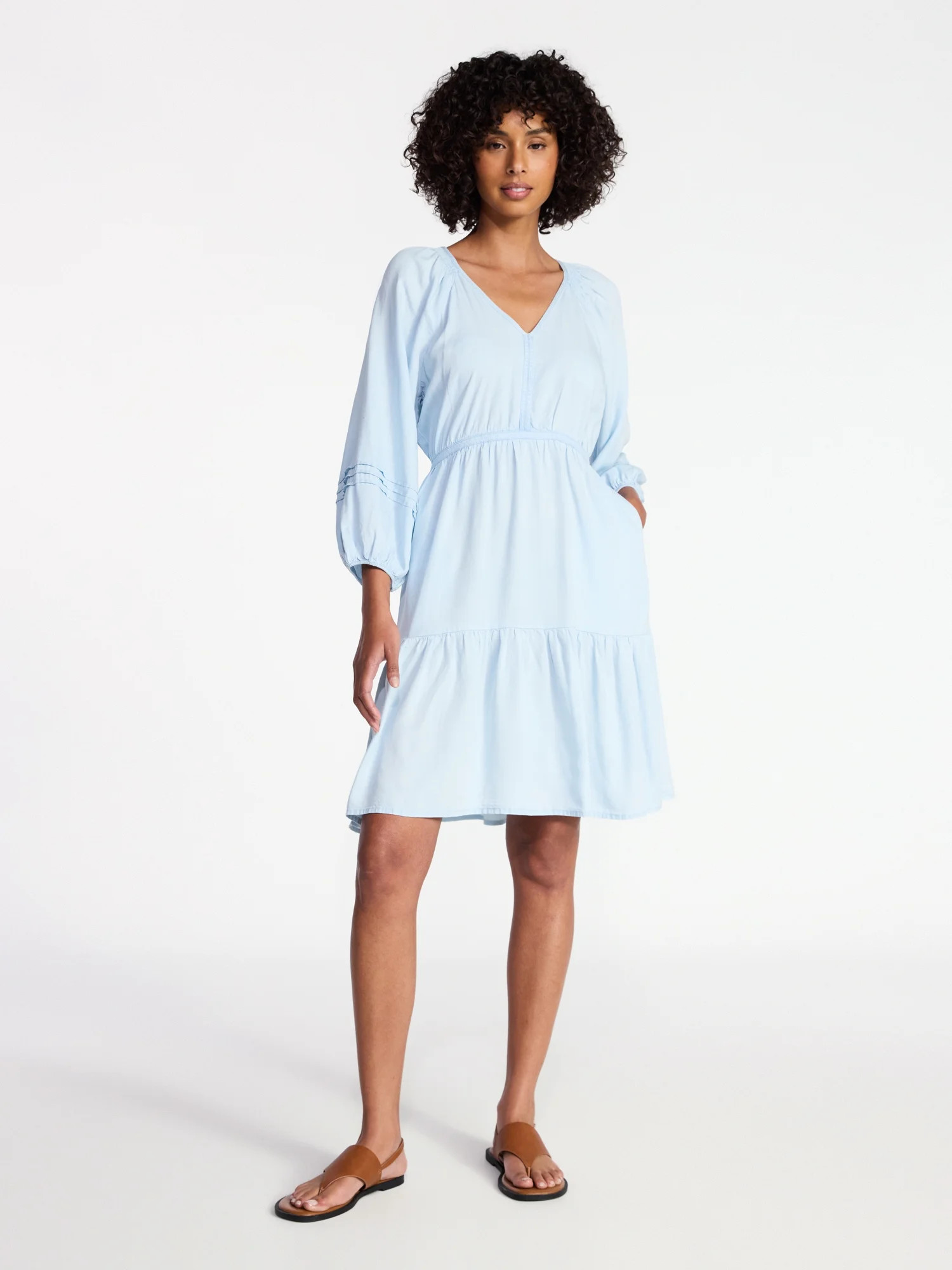 Time and Tru Women's Tiered Mini Dress with ¾ Sleeves, Sizes XS-XXXL | Walmart (US)