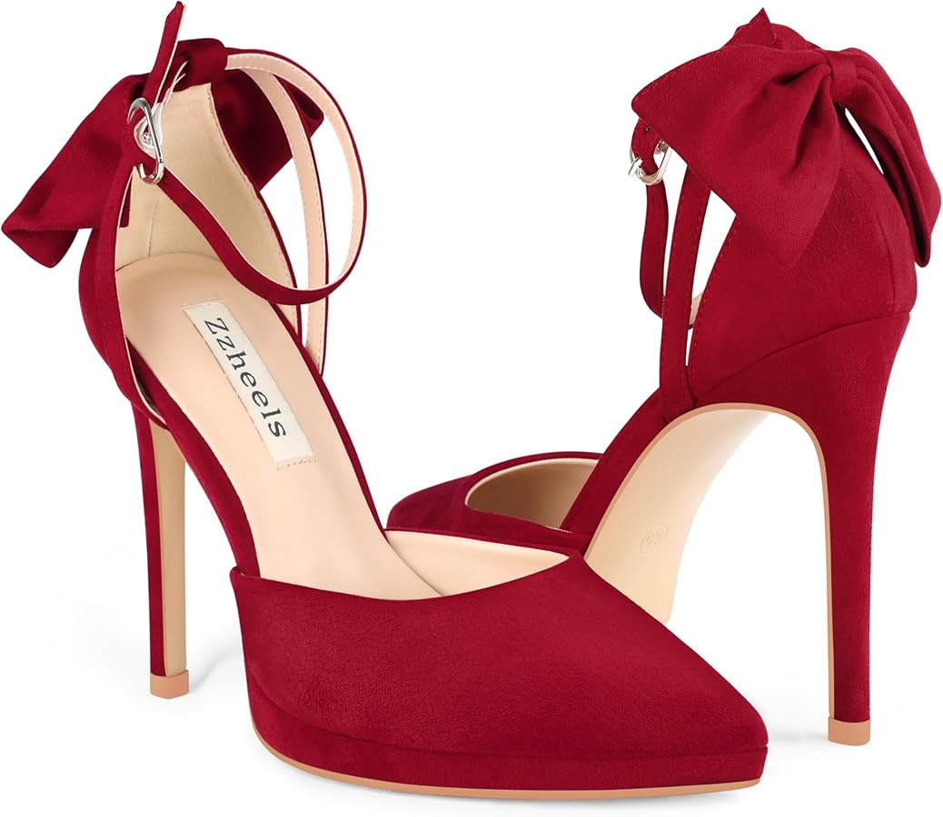 Zzheels Women's Pointed Toe Platform Stiletto Heels Bow Dress Heels Ankle Strap Pumps | Amazon (US)