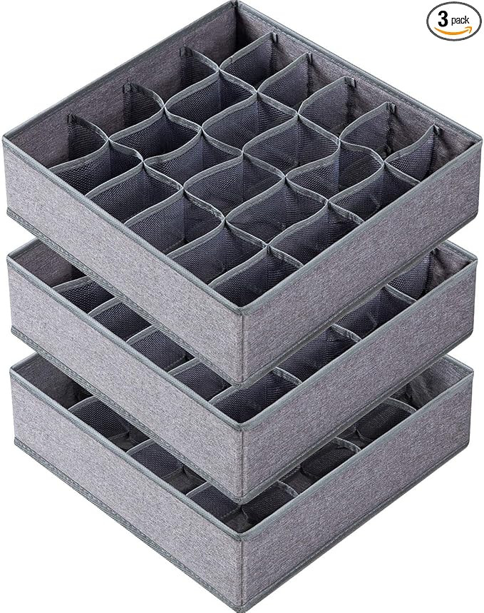 3 Pack Sock Underwear Organizer Dividers, 64 Cell Drawer Organizers Fabric Foldable Cabinet Close... | Amazon (US)