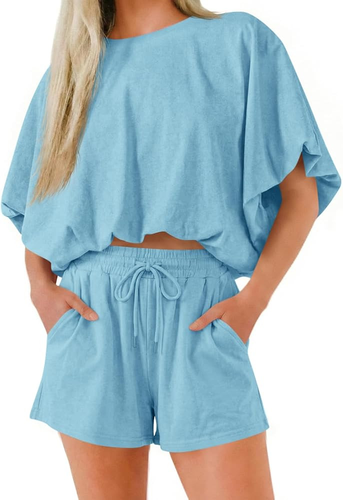 Cicy Bell Womens Summer 2 Piece Short Sets Puff Sleeve Cropped Tops and Shorts Casual Loose Outfi... | Amazon (US)