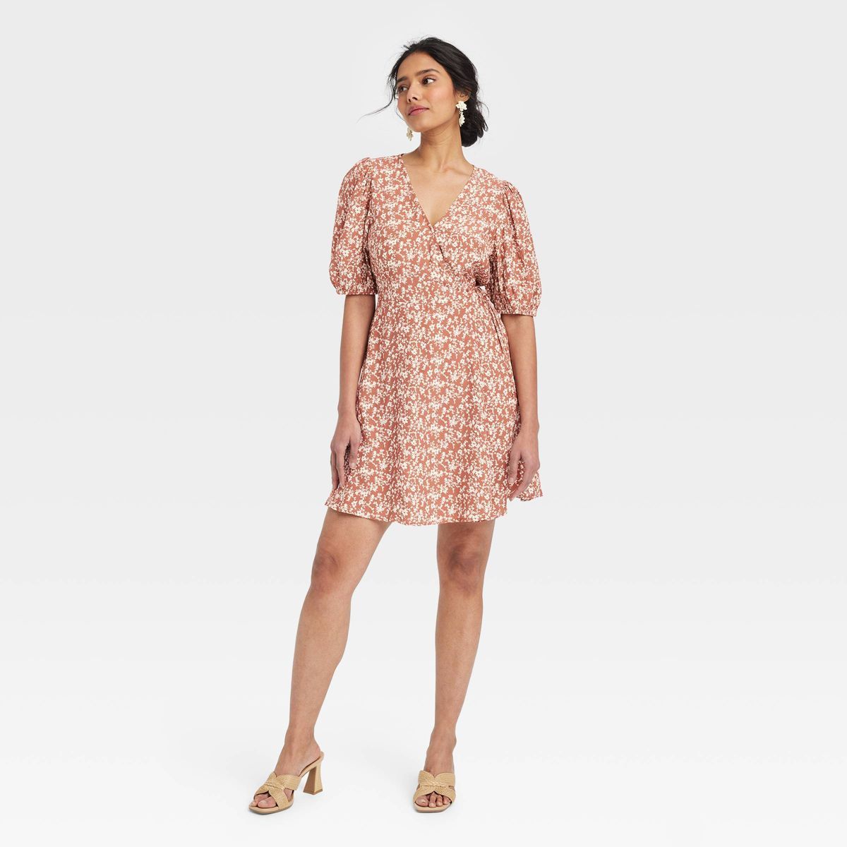 Women's Balloon Short Sleeve Mini Wrap Dress - A New Day™ Brown/White Floral XS | Target