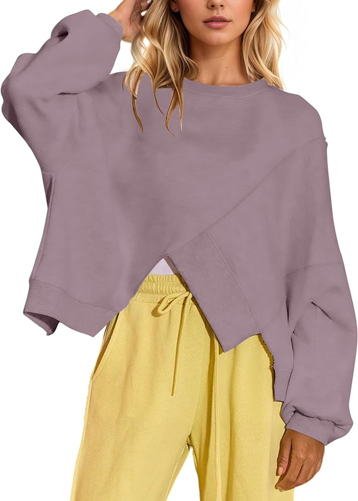 MISSACTIVER Women\u2019s Crew Neck Cropped Sweatshirt Oversized Long Sleeve Ribbed Pullover Top A... | Amazon (US)