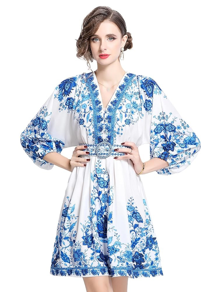 LAI MENG FIVE CATS Women's V-Neck Floral Print Lantern Sleeve Button up Belt Dress Casual Mini Dr... | Amazon (US)