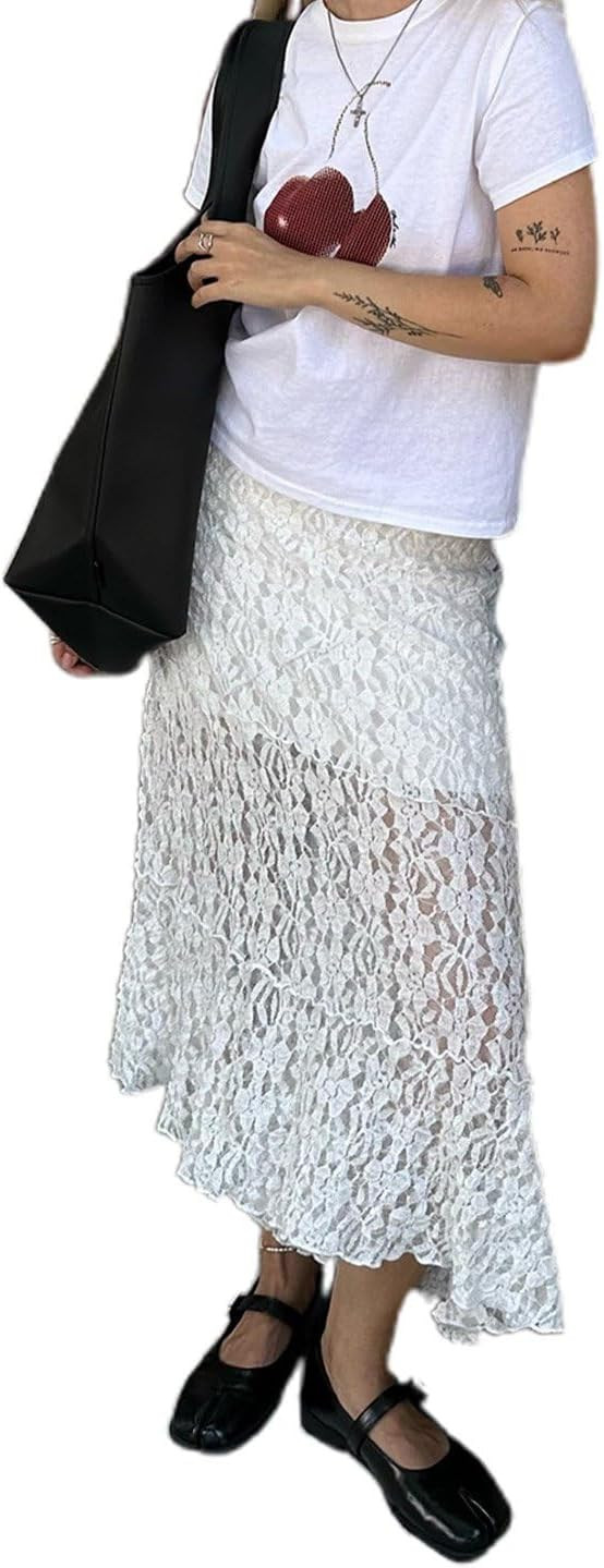 Women Sexy Lace Long Skirt Sheer Mesh Bodycon Maxi Skirts Elegant Summer Beach Coverups | Amazon (US)