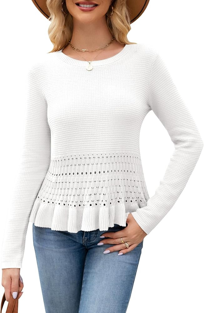 Womens Long Sleeve Cropped Crochet Sweaters Peplum Sweater Cute Crewneck Knit Pullover Tops Fall ... | Amazon (US)