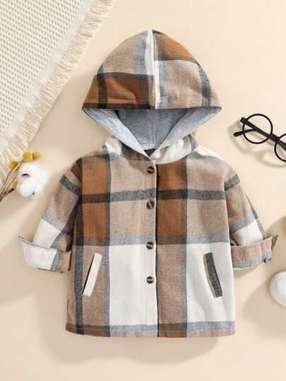 Baby Plaid Button Front Hooded Coat | SHEIN