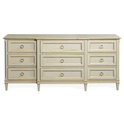 Century Madeline French Country Antique Grey Wood Gold Leaf Accent 9 Drawer Dresser | Kathy Kuo Home