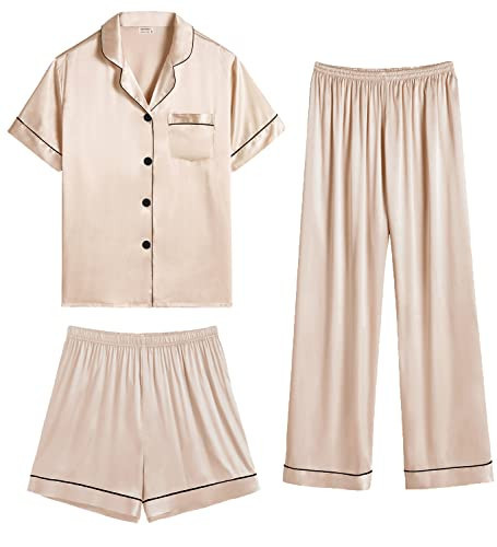 SWOMOG Womens Silk Satin Pajama Sets 3Pcs Button Down Pj Set Short Sleeve Sleepwear Loungewear Pjs Nightwear XS-XXL(Champagne, Small) | Amazon (US)