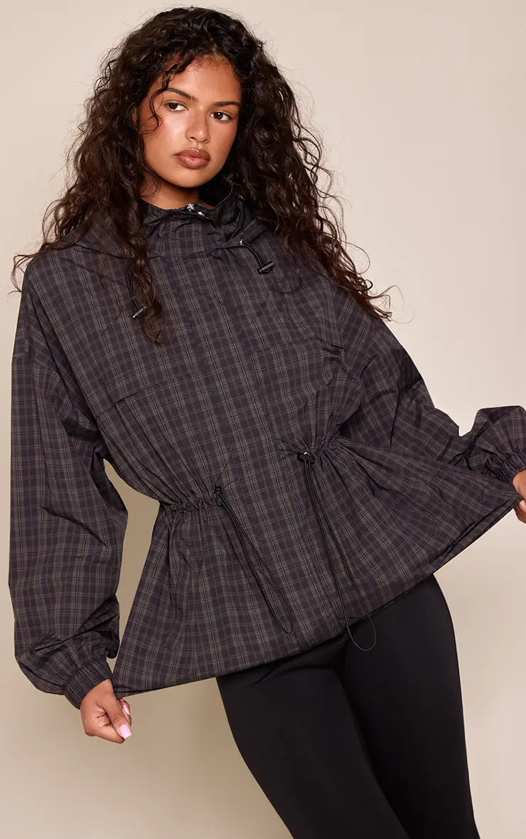 Black Checked Print Adjustable Cinch Waist Rain Jacket | PrettyLittleThing UK