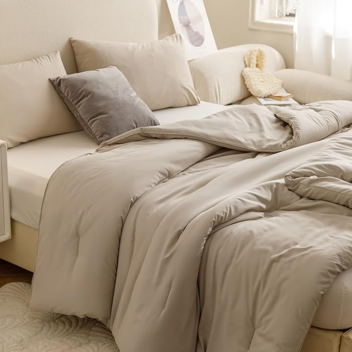 ROSGONIA Queen Comforter Set Oatmeal, 3pcs(1 Boho Oatmeal Comforter & 2 Pillowcases) All Season Soft Bedding Lightweight Bedspread Blanket Quilt | Amazon (US)