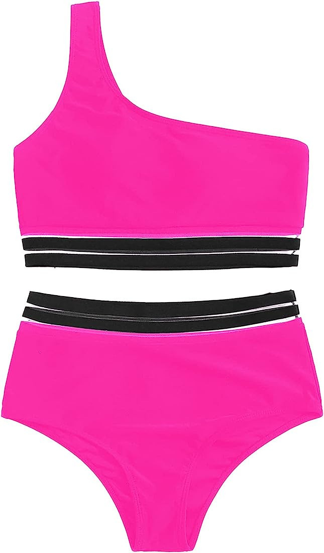 SweatyRocks Women's 2 Pieces Mesh One Shoulder Top with High Waist Bikini Set | Amazon (US)