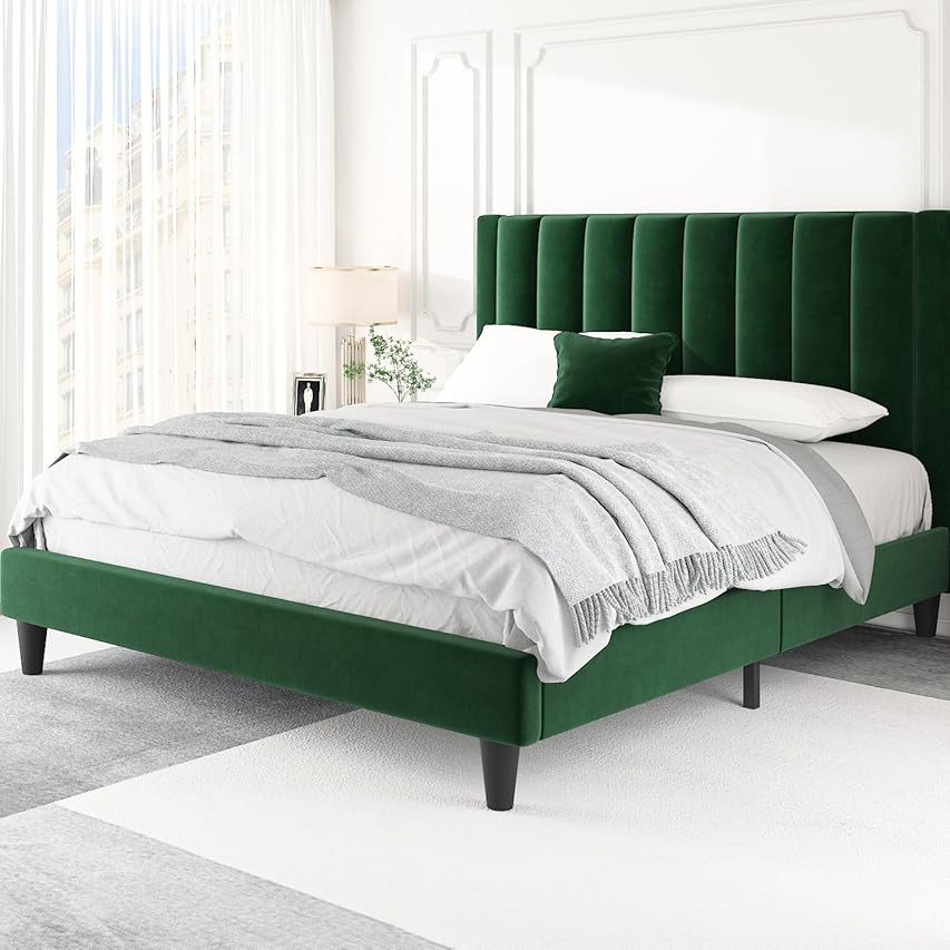 HOOMIC Full Size Platform Bed Frame with Velvet Upholstered Plush Vertical Channel Headboard, No Box | Amazon (US)