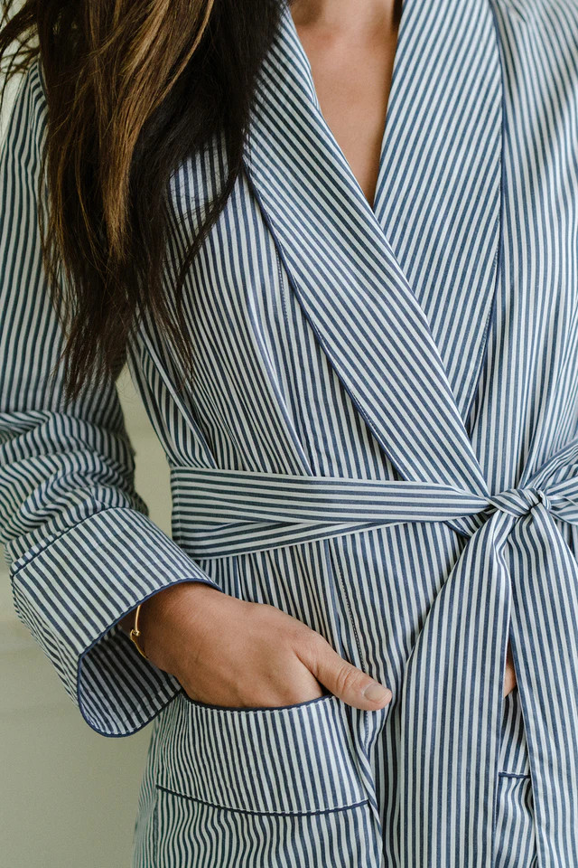 Poplin Robe in Navy Stripe | LAKE Pajamas