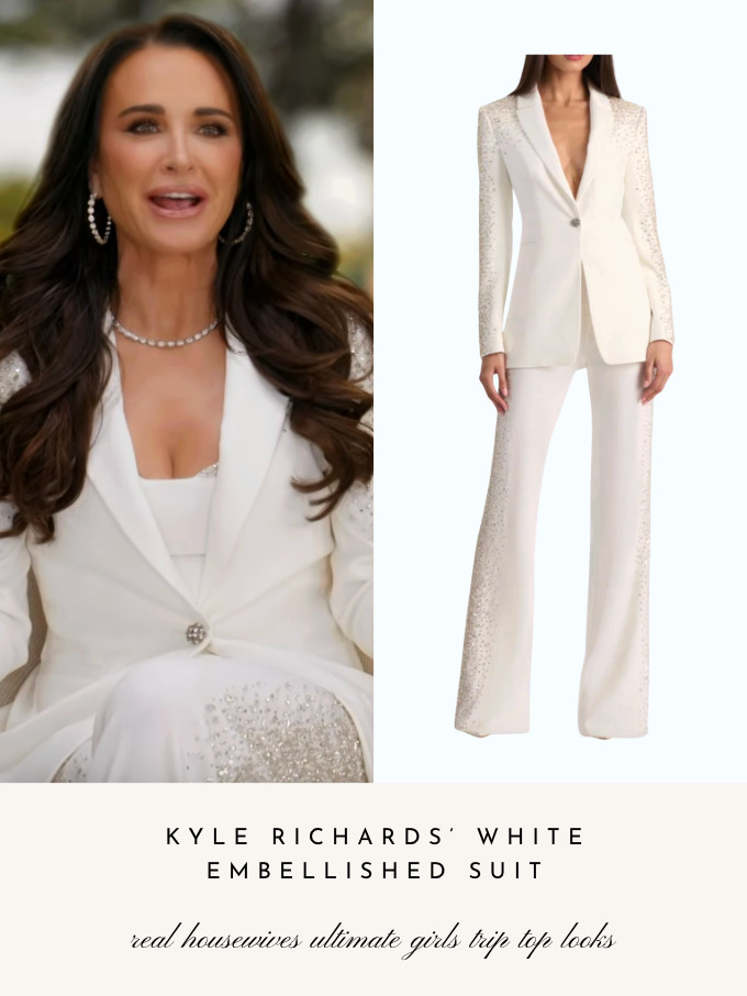 Kyle Richards' White Embellished Suit on Real Housewives Ultimate Girls Trip: Roaring 20's 

 