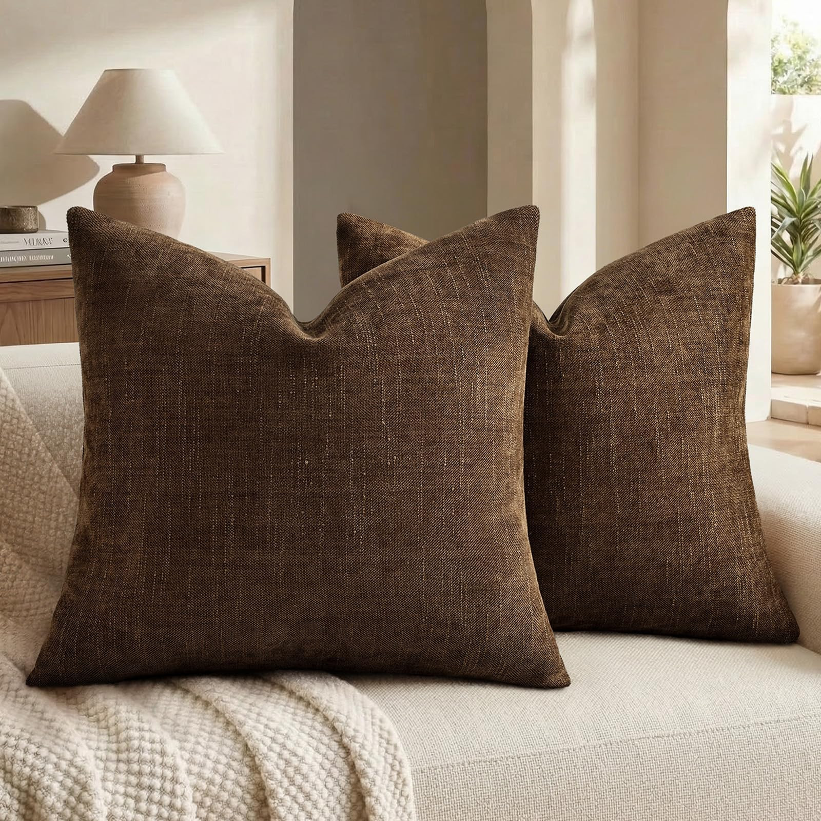 Amazon.com: decorUhome Chenille Throw Pillow Covers 20x20 Set of 2, Square Decorative Pillow Covers with Zipper for Couch, Sofa, Living Room, Brown : Home & Kitchen | Amazon (US)