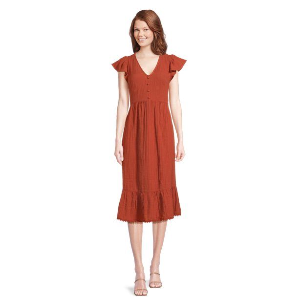 Time and Tru Women's Flutter Sleeve Midi Dress, Sizes XS-XXXL - Walmart.com | Walmart (US)