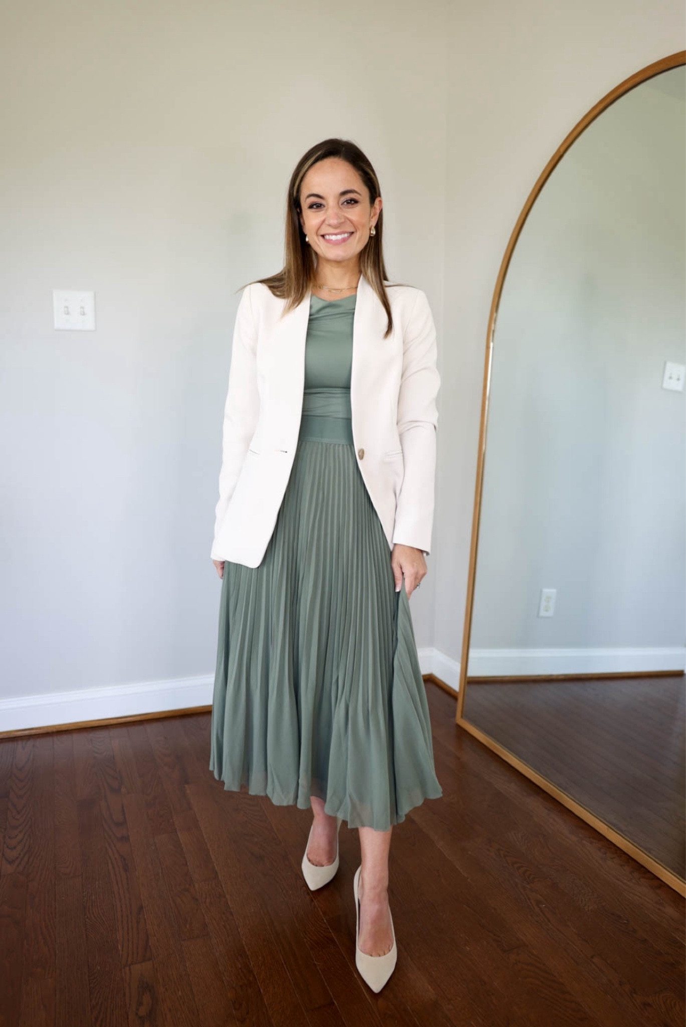 Neutral outfits for work! 

Cream blazer (Ann Taylor): petite 00 
Sage top (Aritzia): xs - size up 
Sage skirt (Aritzia): xs - size up 
Shoes are tts 
Bag in cappuccino 

*all items are shown unaltered so you can see how they fit from the store. Here are my measurements for sizing reference 4’10” 105lbs bust, waist, hips 32”, 24”, 35” size 5 shoe. 25” inseam measurement to my ankle bone. 

#LTKStyleTip #LTKWorkwear