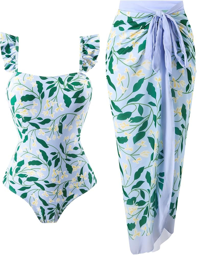 Womens One Piece Swimsuit with Cover Up Sarong Wrap Floral Bathing Suits 1 Piece Swim Suit with B... | Amazon (US)