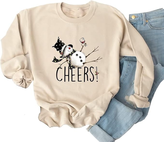 Ykomow Snowman Wine Cheers Sweatshirts Women Long Sleeve Christmas Graphic Tees Funny Xmas Tops | Amazon (US)