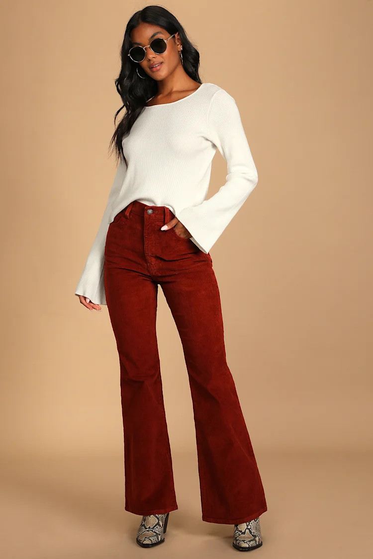 70s High Flare Rust Brown High-Waisted Corduroy Pants | Lulus (US)