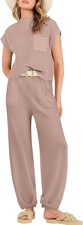 ANRABESS Women's Two Piece Outfits Sweater Sets Knit Pullover Tops and High Waisted Pants Tracksu... | Amazon (US)