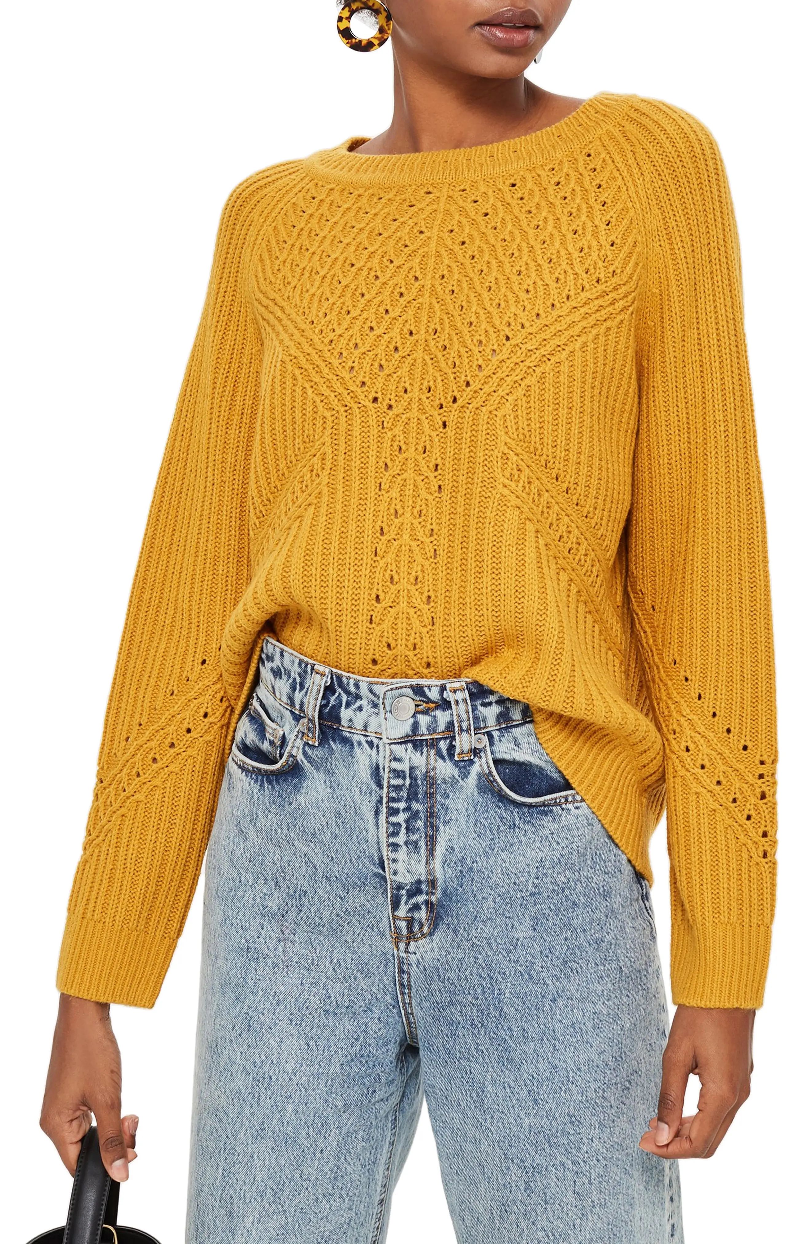 Women's Topshop Rib & Pointelle Stitch Sweater, Size 6 US (fits like 2-4) - Yellow | Nordstrom