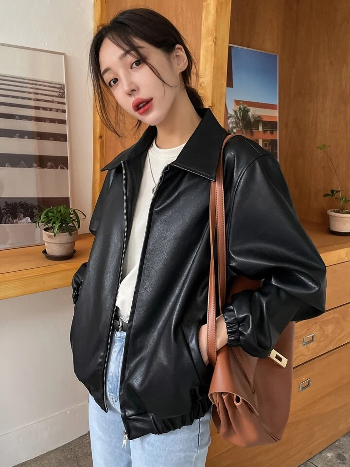 DAZY Slant Pockets PU Leather Jacket | SHEIN