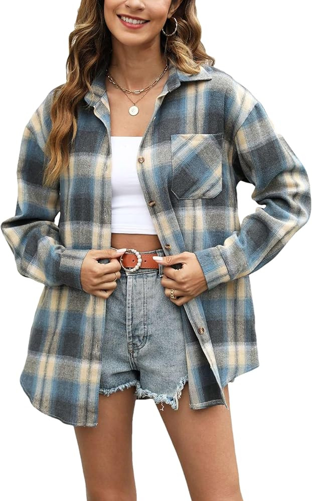 Oversized Womens Flannel Plaid Soft Flannel Button Down Shirt Roll Up Long Sleeve Flannel Plaid S... | Amazon (US)