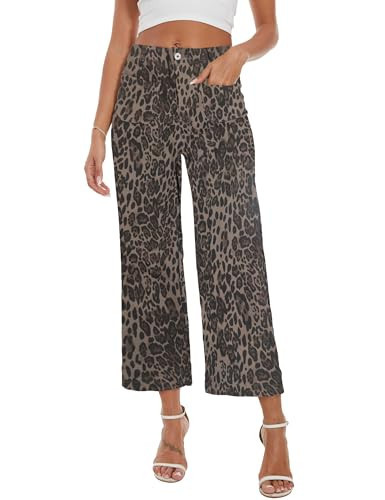 DAOAO Cropped Leopard Jeans for Women High Waisted Stretchy Wide Leg Jeans Woman Denim Pants Trendy XL | Amazon (US)