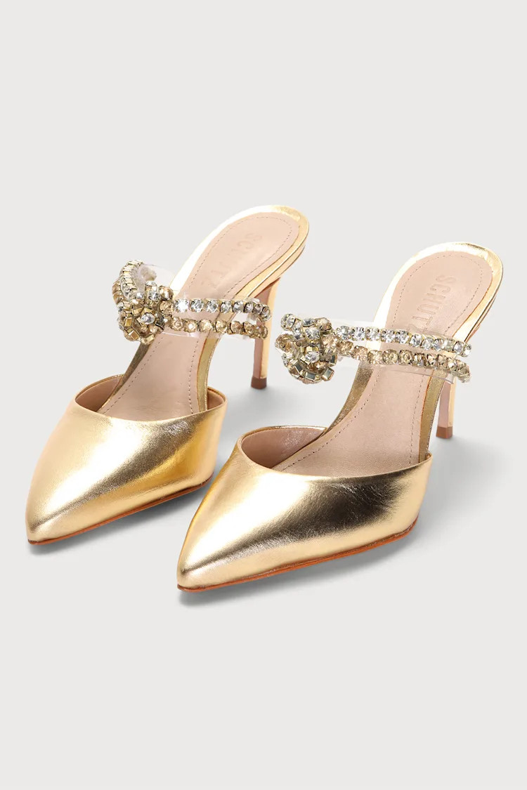 Denne Gold Leather Rhinestone Pointed-Toe Pumps | Lulus (US)