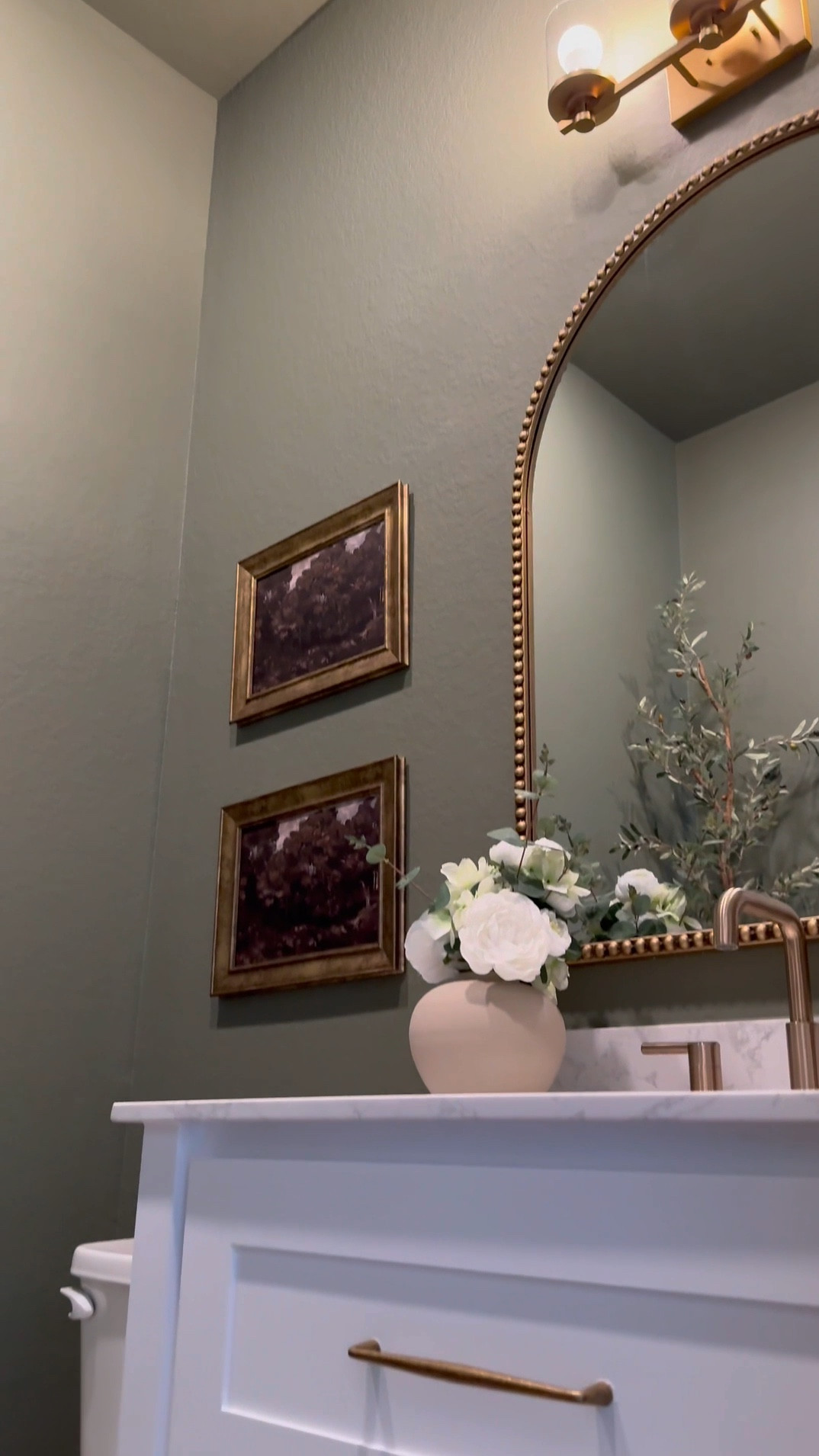 If you’re considering painting your powder room green, I’m telling you, THIS might be the perfect color for you … go for it! 

I used flat finish for the walls and painted the baseboards in satin finish… 

I’ll be honest, I was apprehensive at first … I even paintings the ceiling 😬 believe it our not, it made the room feel larger! 

I chose brass finishes bc I really wanted the space to have a vintage feel… well, modern vintage…??? If that’s a thing 😆.. 

The mirror is 30x40 inches… 

I added a new light fixture and it now faces upwards … which made that wall feel taller 

I wasn’t in love with this builder grade vanity tbh😆, matter-fact, I wanted to change it… it wasn’t functional …but now i wanna keep it lol 😂… I added brass hardware, these cute baskets from Walmart, led light strips on the bottom and now it’s a whole new unit….. you can even add battery powered/rechargeable/plug in led light strips .. whatever fits your lifestyle 

Ok let’s talk about this stunning planter!!! …. You know I love me an olive tree 😆… and I wanted something tell and slim… this planter was the perfect for plus it added to the moodiness 🥰

I am in love with this space… I wanted to create a vintage-cottagy feel in this powder room, while the rest of the home feels modern. #LTKVideo

#LTKHome #LTKStyleTip