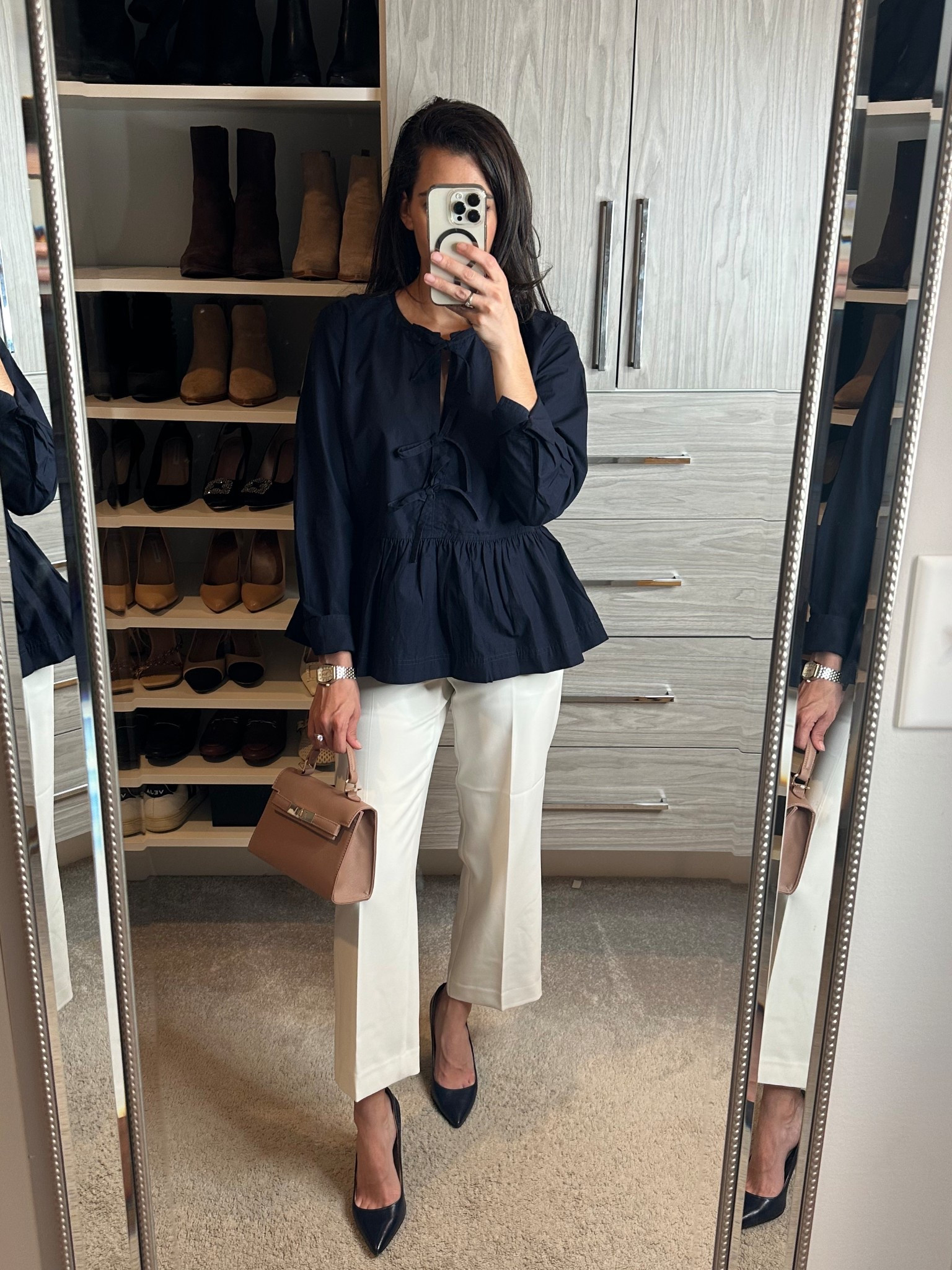 spring office outfit / work wear / business casual 

walmart top for work size xs 

Ann taylor pants for work - size 0 

