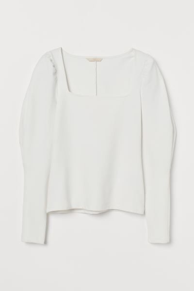 Fitted top in thick stretch jersey. Square neckline, long puff sleeves with gathers and pleats fo... | H&M (US)