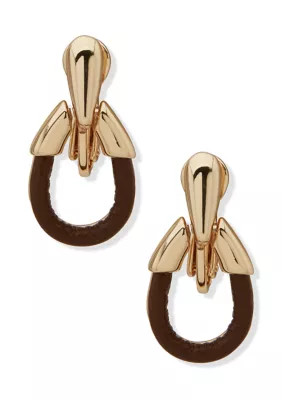 Gold Ton Teardrop Brown Leather Drop EZ Comfort Clip Earrings | Belk